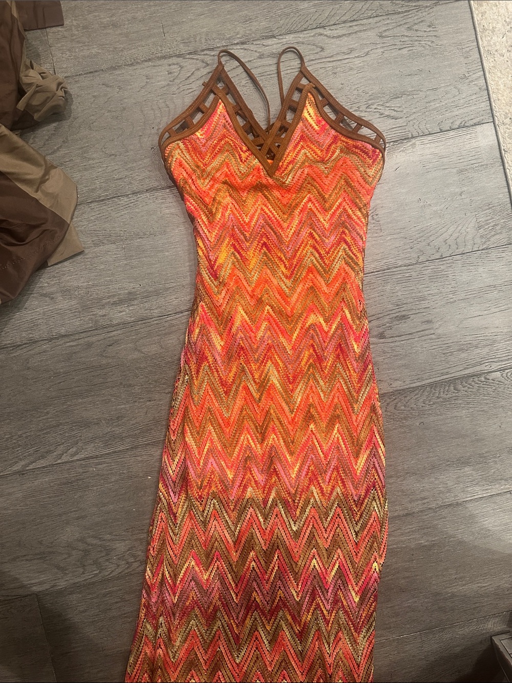 Sky orange chevron maxi Dress with brown suede Accents
